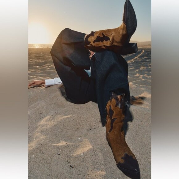 ZARA HEELED COMBINATION SUEDE KNEE HIGH BOOTS - Picture 5 of 5